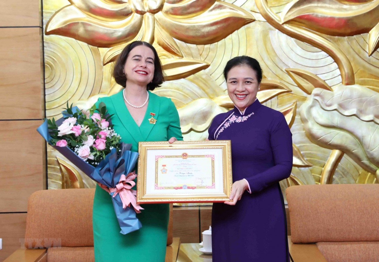 Chủ tịch Liên hiệp các Tổ chức hữu nghị Việt Nam Nguyễn Phương Nga trao trao tặng Kỷ niệm chương 'Vì hòa bình, hữu nghị giữa các dân tộc' cho Đại sứ Đặc mệnh toàn quyền Australia tại Việt Nam Robyn Mudie. (Ảnh: An Đăng/TTXVN)