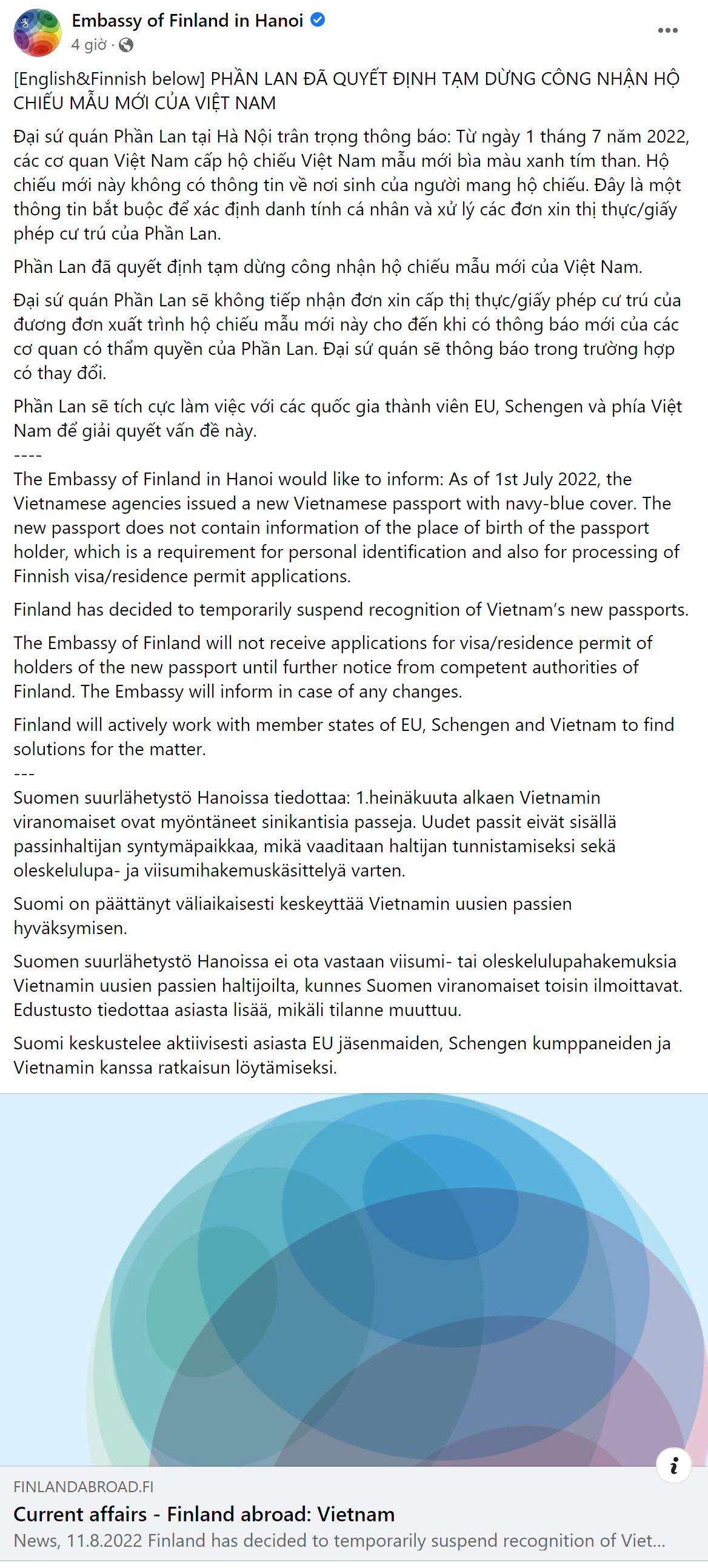 Phần Lan không chấp nhận hộ chiếu xanh tím than của Việt Nam