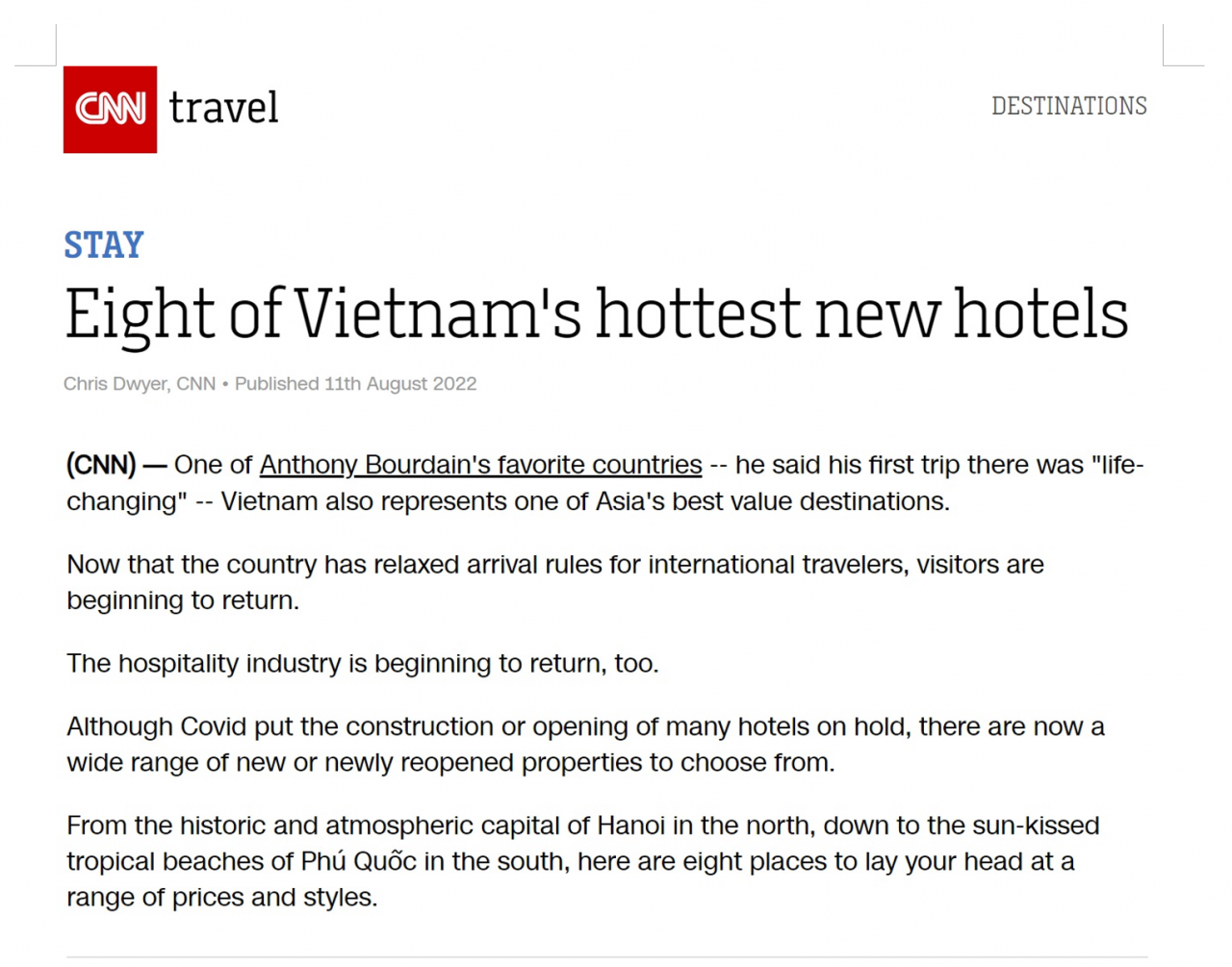 CNN Travel bình chọn 8 khách sạn mới nổi tiếng nhất Việt Nam