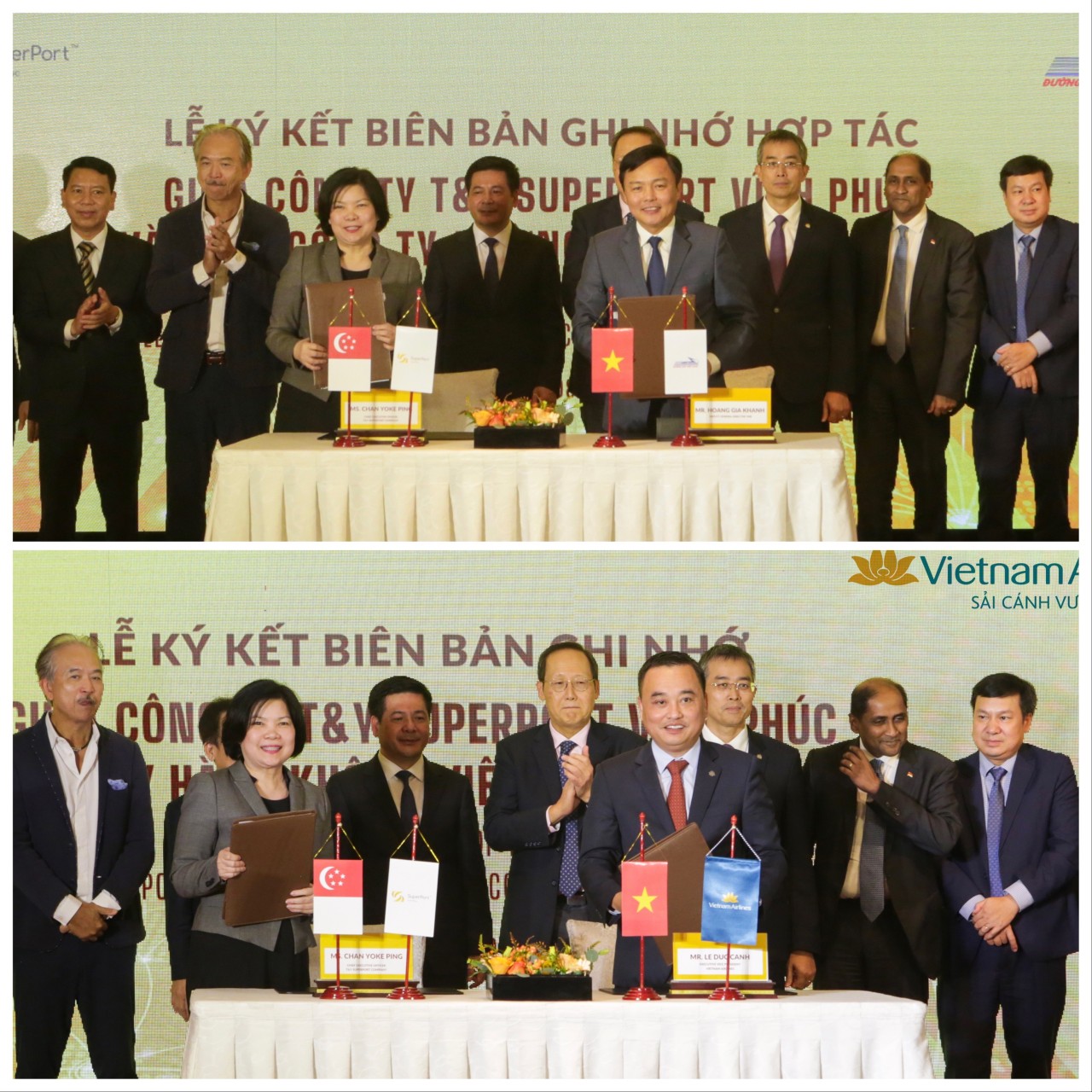 Đại diện lãnh đạo Công ty T&Y SuperPort Vĩnh Phúc ký biên bản ghi nhớ hợp tác với Vietnam Airlines và Tổng Công ty đường sắt Việt Nam.