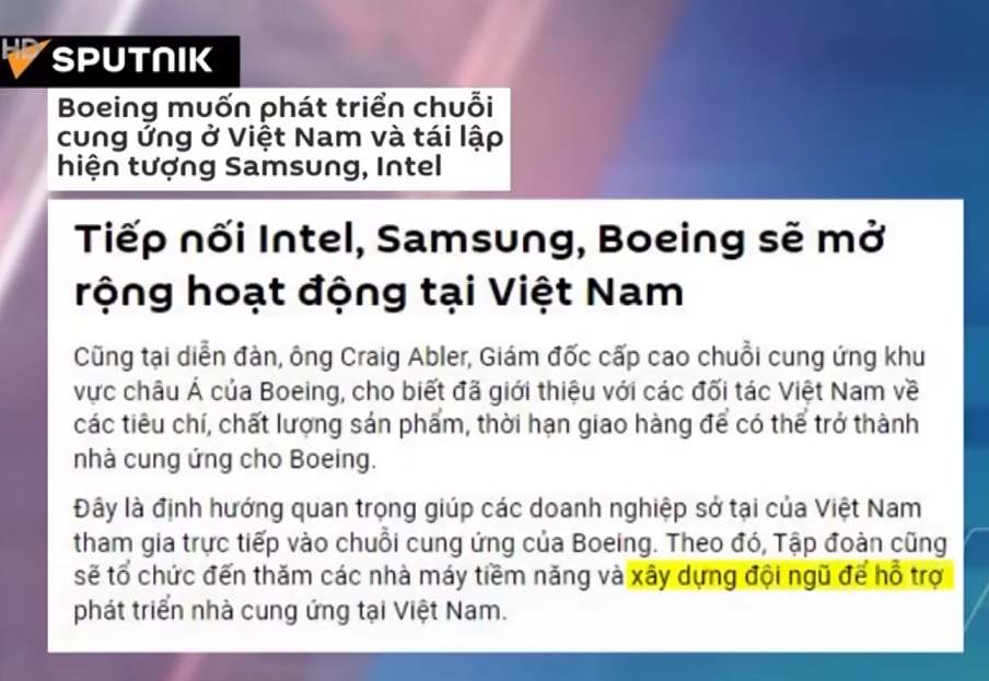 Trang Sputniik của Nga cũng trích dẫn phỏng vấn ông Craug Abler, Giám đốc cấp cao chuỗi cung ứng khu vực châu Á của Boeing 