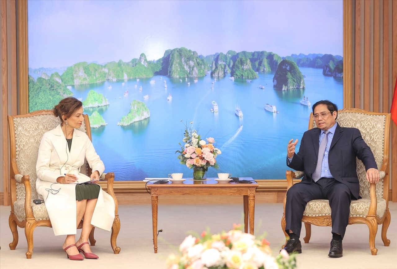 Thủ tướng Chính phủ khẳng định Việt Nam sẽ tiếp tục phát huy vai trò là thành viên tích cực, có trách nhiệm của Tổ chức UNESCO, chủ động tham gia các hoạt động và đóng góp vào các nỗ lực của tổ chức vì hòa bình, hợp tác và phát triển của quốc gia thành viên - Ảnh: VGP/Nhật Bắc