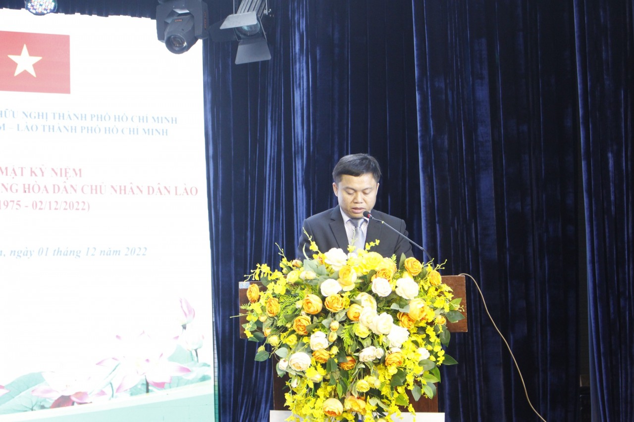 Ông Singdeng Sivilay, Phó Lãnh sự Cộng hòa Dân chủ Nhân dân Lào tại Thành phố Hồ Chí Minh phát biểu tại buổi lễ (Ảnh: HUFO).