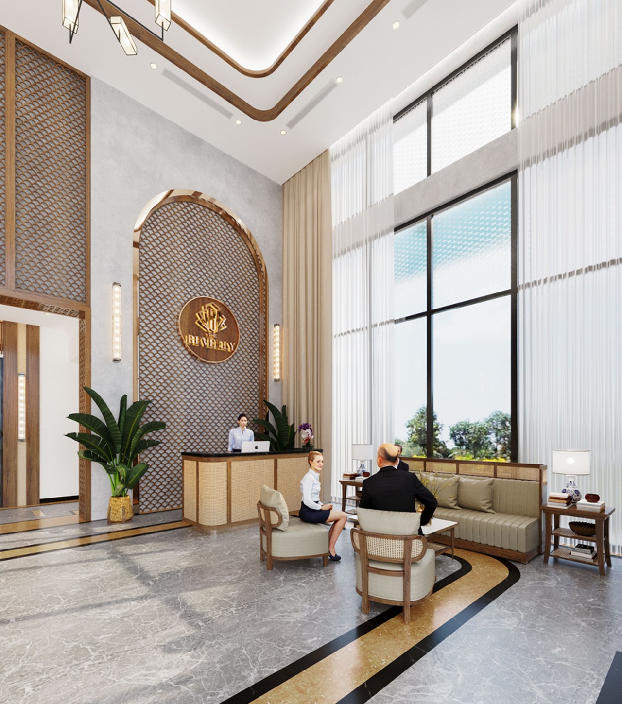 Hệ thống sảnh đón và lounge của The Beverly cao đến 9m được lát đá cẩm thạch.