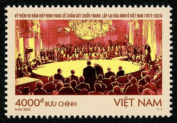 Mẫu bộ tem “Kỷ niệm 50 năm Hiệp định Paris về chấm dứt chiến tranh, lập lại hòa bình ở Việt Nam (1973-2023)” (Ảnh: vnpost.vn).