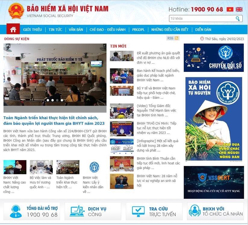 Người dân có thể theo dõi thông tin chính thức về chính sách BHXH, BHYT, BHTN và sử dụng các dịch vụ tư vấn, hỗ trợ tại Cổng Thông tin điện tử BHXH Việt Nam (Ảnh chụp màn hình)
