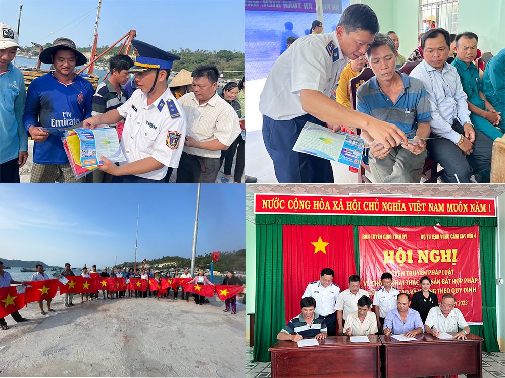 Bộ Tư lệnh Vùng Cảnh sát biển 4 tuyên truyền, phát tờ rơi, tặng cờ Tổ quốc cho ngư dân và các chủ phương tiện ký cam kết không vi phạm quy định khai thác IUU.
