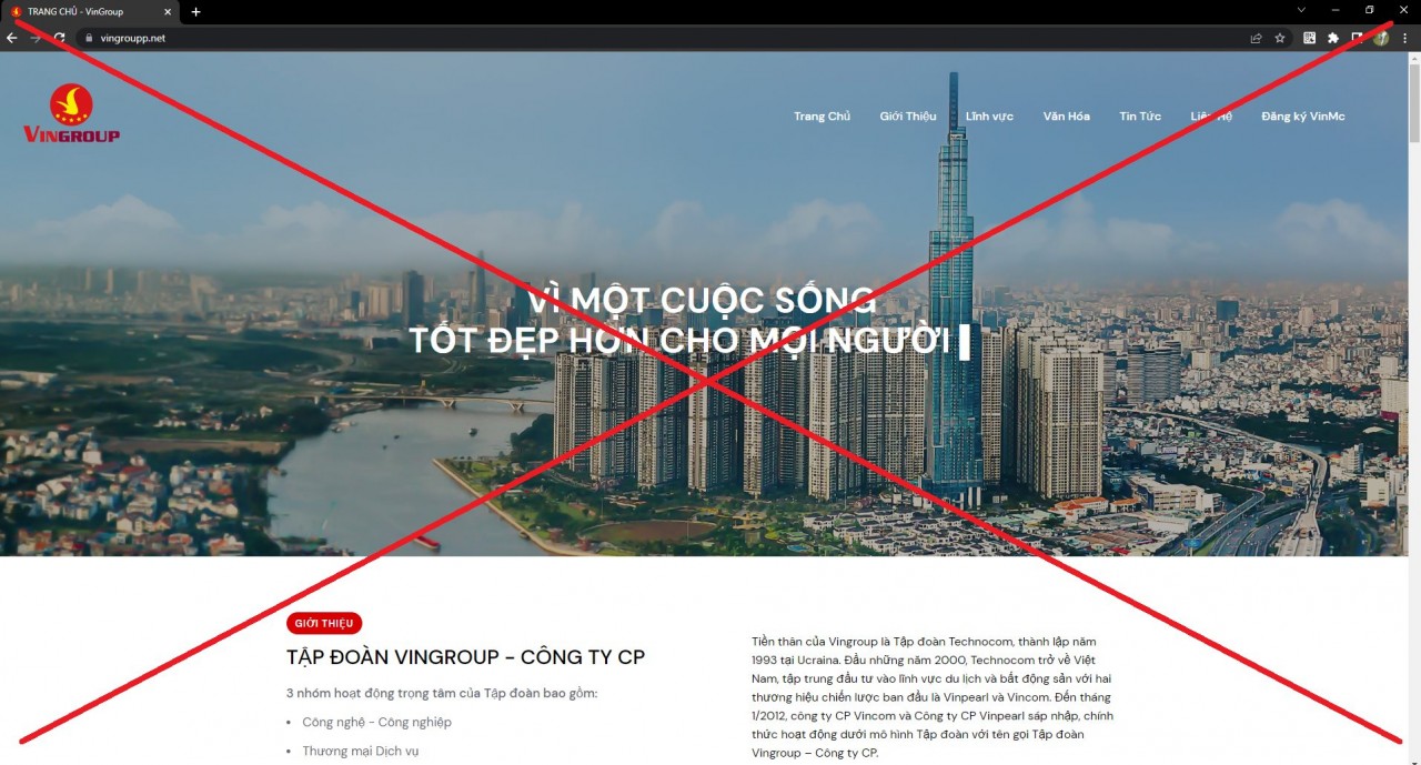 Xuất hiện tình trạng giả mạo website của Tập đoàn Vingroup và các công ty thành viên