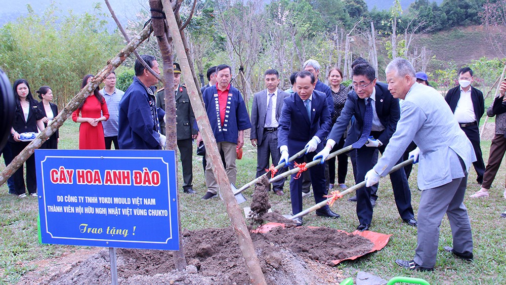 Các đại biểu trồng cây hoa anh đào tại Khu du lịch tâm linh - sinh thái Tây Yên Tử.