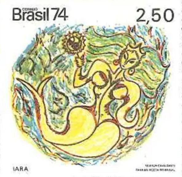 Một con tem kỷ niệm chính thức của bưu điện Brazil năm 1974 có hình Iara.