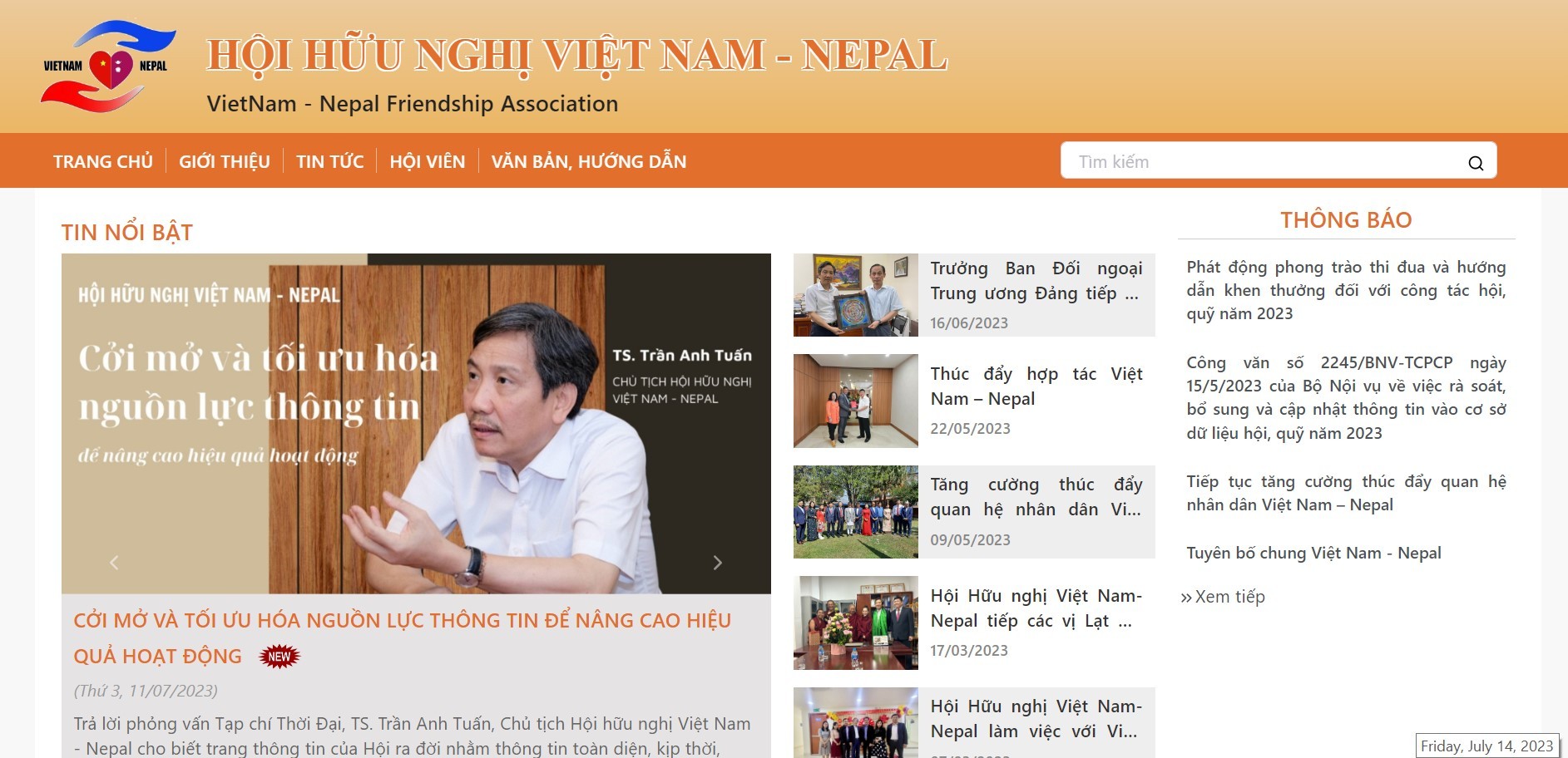 Giao diện trang thông tin điện tử Hội hữu nghị Việt Nam - Nepal (Ảnh: Thành Luân).