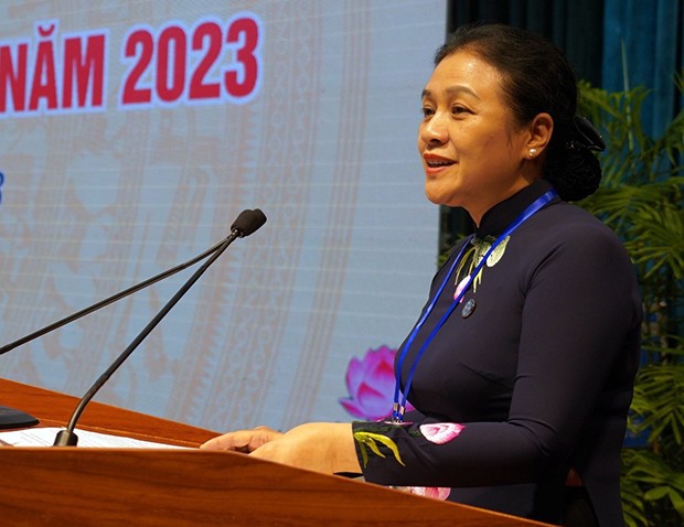 Chủ tịch Liên hiệp các tổ chức hữu nghị Việt Nam Nguyễn Phương Nga phát biểu khai mạc Hội nghị.
