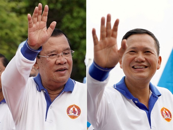 Thủ tướng Hun Sen (trái) và ông Hun Manet tham gia các cuộc vận động tranh cử ở thủ đô Phnom Penh - Campuchia trong tháng 7 Ảnh: REUTERS
