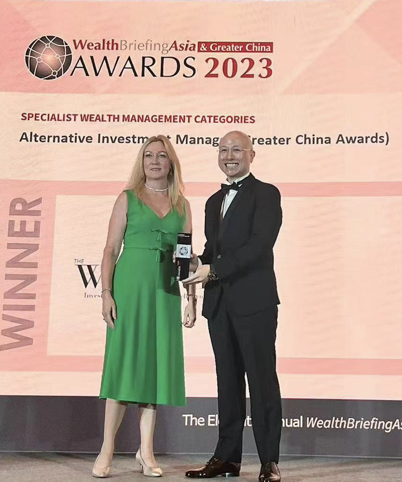 The Watch Fund's Dominic Khoo receiving the Best Alternative Investment Manager For Greater China award At Wealth Briefing Asia Awards 2023
