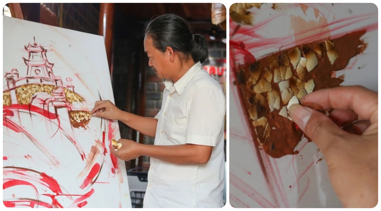 Họa sĩ Nguyễn Quốc Vượng sáng tác nhiều tác phẩm hội họa có chủ đề về quê hương Quảng Bình bằng chất liệu vỏ trứng (Ảnh: VietKings).