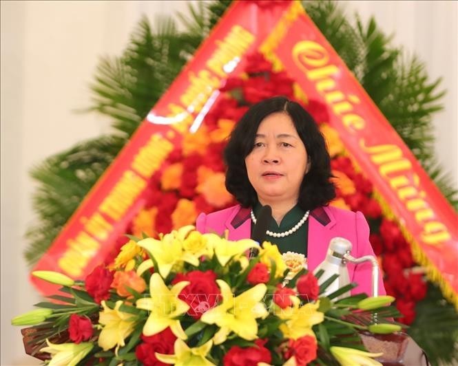 Bí thư Trung ương Đảng, Trưởng Ban Dân vận Trung ương Bùi Thị Minh Hoài phát biểu. Ảnh: TTXVN
