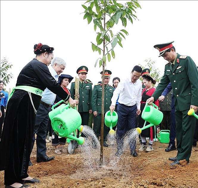 Chủ tịch nước Võ Văn Thưởng và các đại biểu tham gia trồng cây tại Lễ phát động Tết trồng cây “Đời đời nhớ ơn Bác Hồ” Xuân Giáp Thìn 2024. Ảnh: Dương Giang/TTXVN