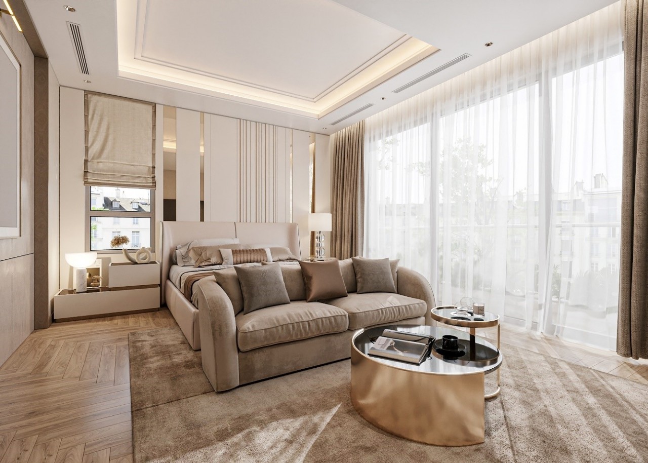 Một góc không gian phòng ngủ master tại biệt thự Pearl Island.