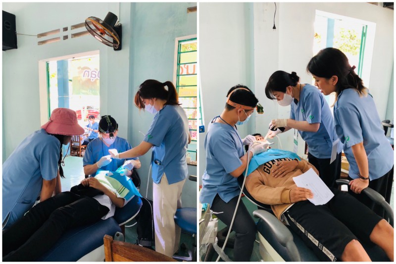Các bác sĩ khám và vệ sinh răng miệng cho các em học sinh. (Ảnh: Liên hiệp các tổ chức hữu nghị tỉnh Quảng Nam)