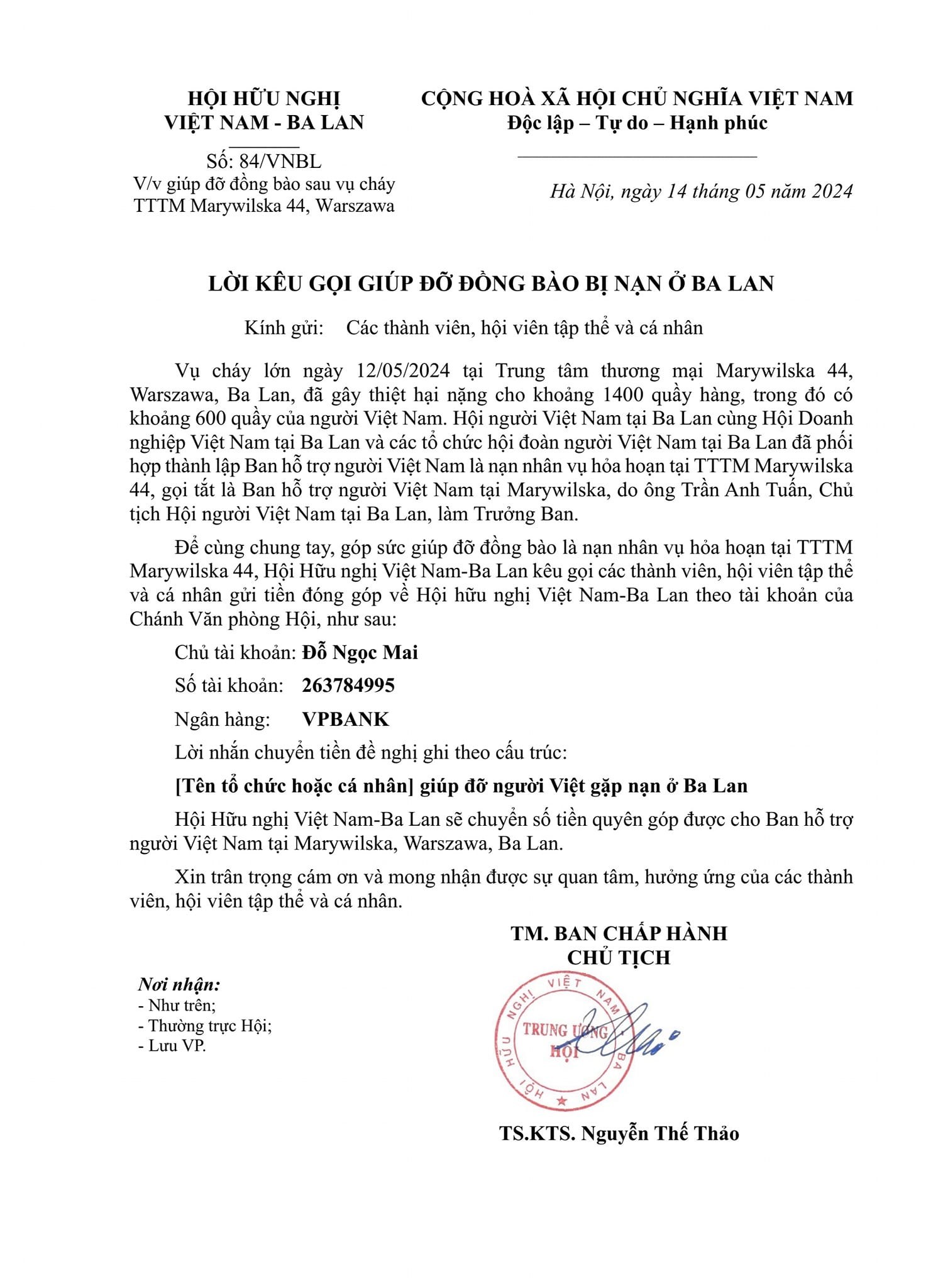 Văn bản kêu gọi hội viên giúp đỡ đồng bào bị ảnh hưởng sau vu cháy trung tâm thương mại ở Ba Lan của Hội hữu nghị Việt Nam - Ban Lan.