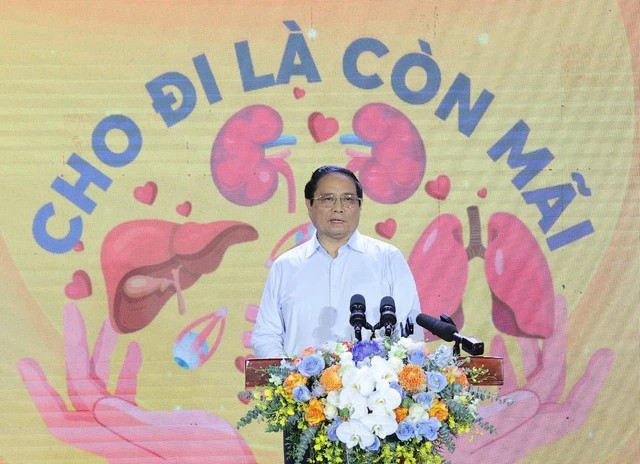 Thủ tướng Chính phủ Phạm Minh Chính phát biểu tại Lễ phát động 'Đăng ký hiến tặng mô, tạng - Cho đi là còn mãi'. (Ảnh: SK&ĐS)