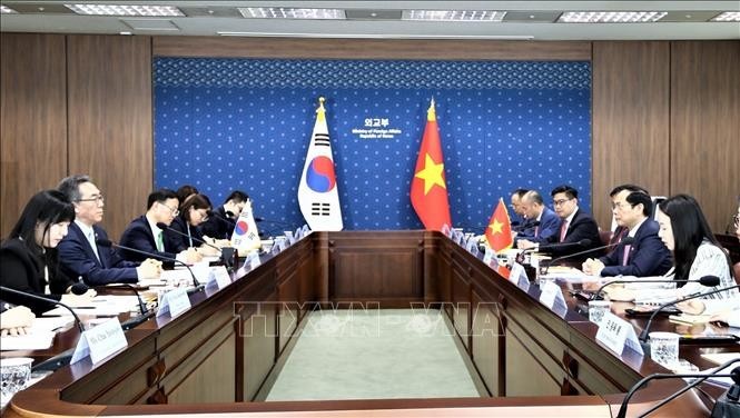 Bộ trưởng Ngoại giao Bùi Thanh Sơn hội đàm với Bộ trưởng Ngoại giao Hàn Quốc Cho Tae-yeol. Ảnh: TTXVN
