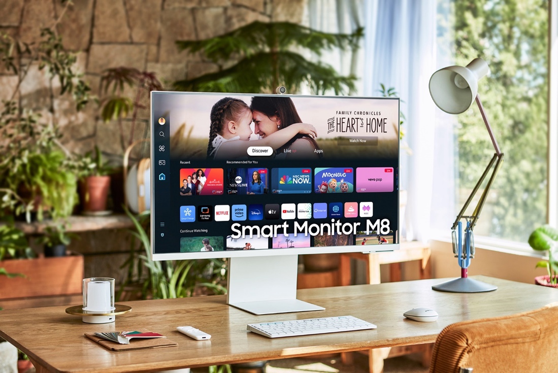 Samsung’s Smart Monitor M8 comes with an NQM AI processor that enables upscaling of content to nearly 4K, and background noise analysis to optimise user dialogue in the content through AI.