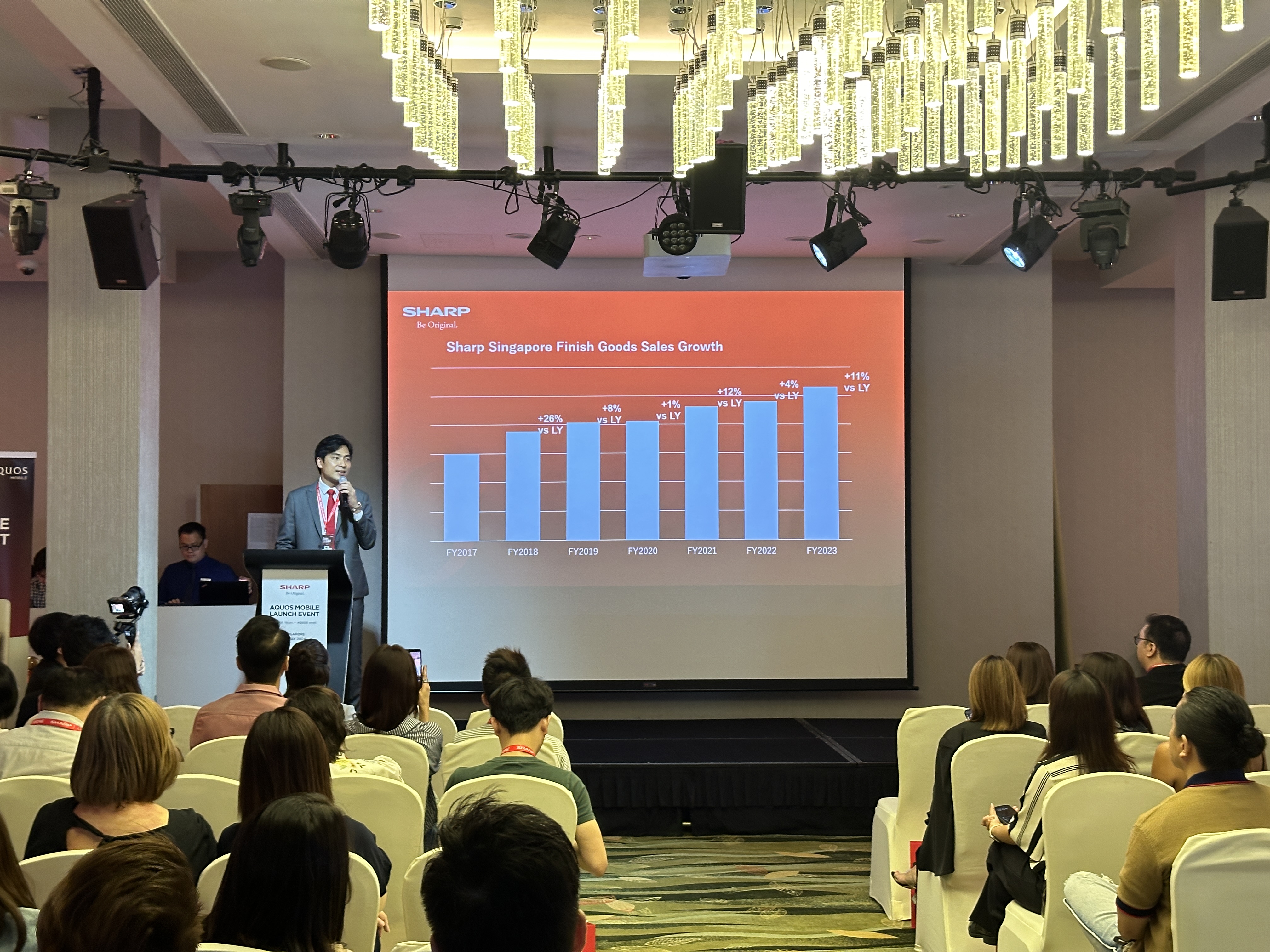 Mr Woo, MD of Sharp Singapore presenting YOY sales growth during the media preview