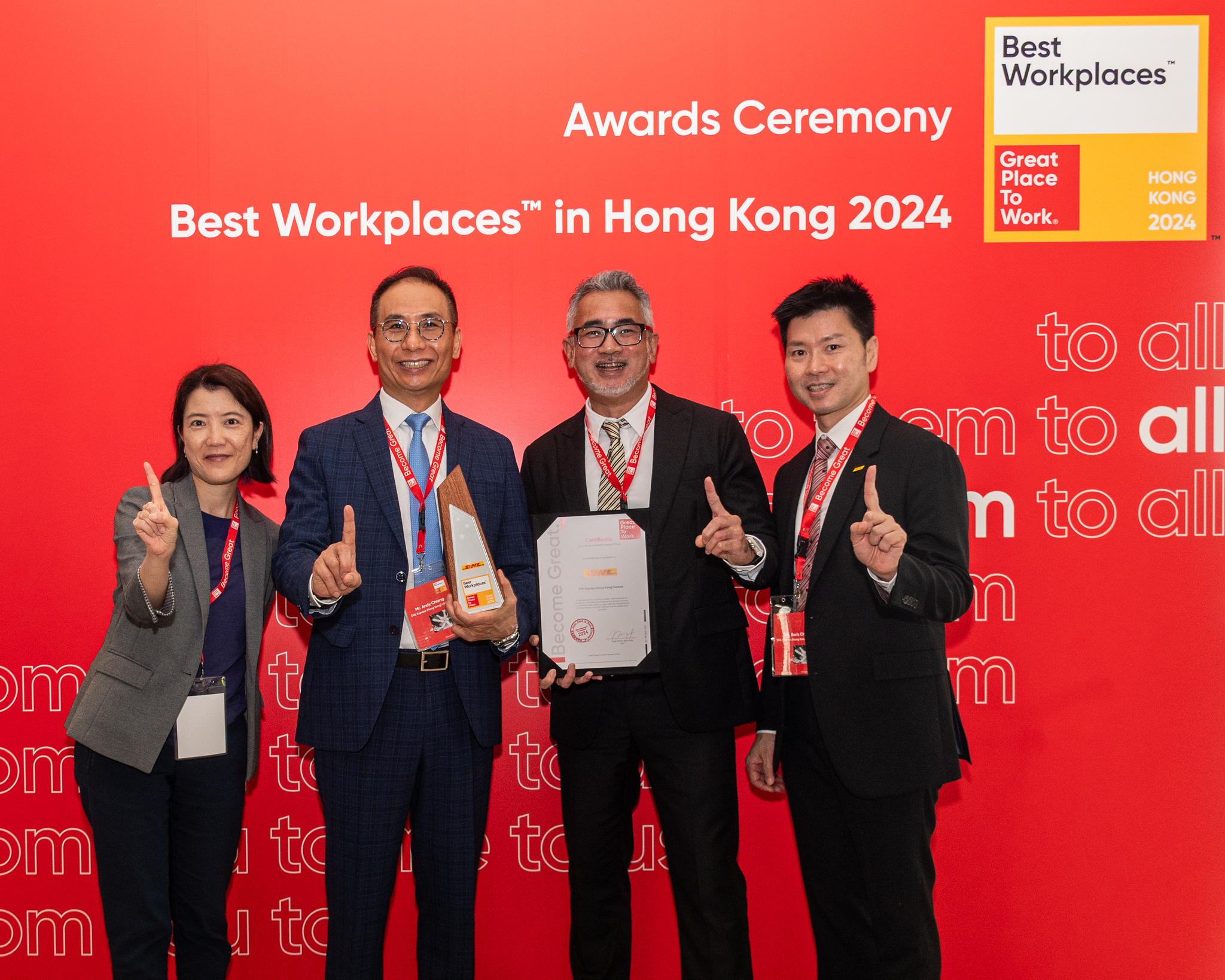 DHL Express team receives the 'Best Workplaces™ in Hong Kong 2024' award, reflecting DHL's unwavering commitment to fostering an inclusive and dynamic working environment.
