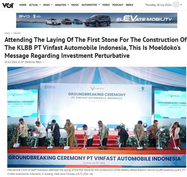 Truyền thông Indonesia đưa tin, Chánh văn phòng Tổng thống đánh giá cao dự án Nhà máy VinFast.