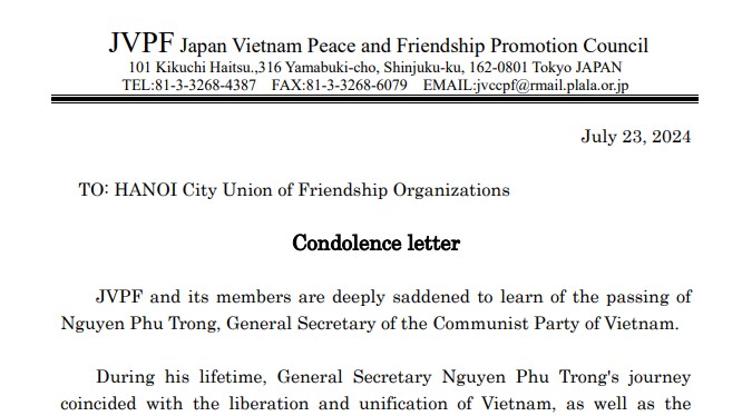 JVPF, Hội hữu nghị Nhật Bản - Việt Nam TP Kawasaki gửi thư chia buồn tới nhân dân Việt Nam