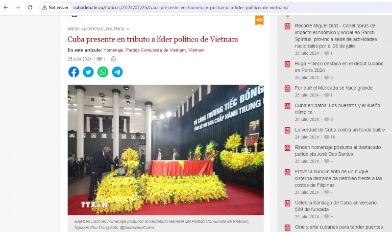 Truyền thông Cuba đưa tin về lễ tang Tổng Bí thư Nguyễn Phú Trọng.