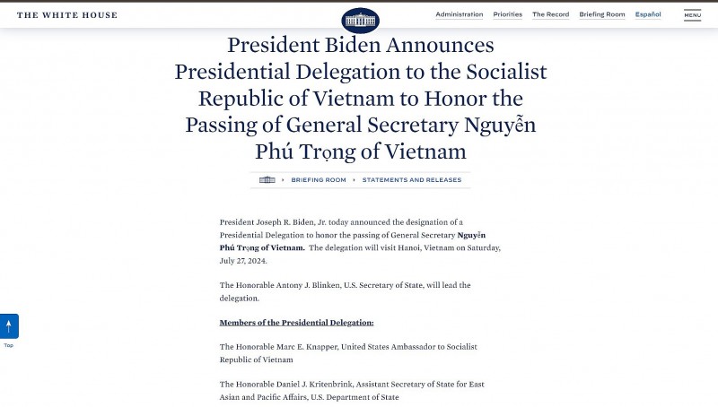 Phái đoàn đại diện Tổng thống Hoa Kỳ sẽ đến Việt Nam viếng Tổng Bí thư Nguyễn Phú Trọng