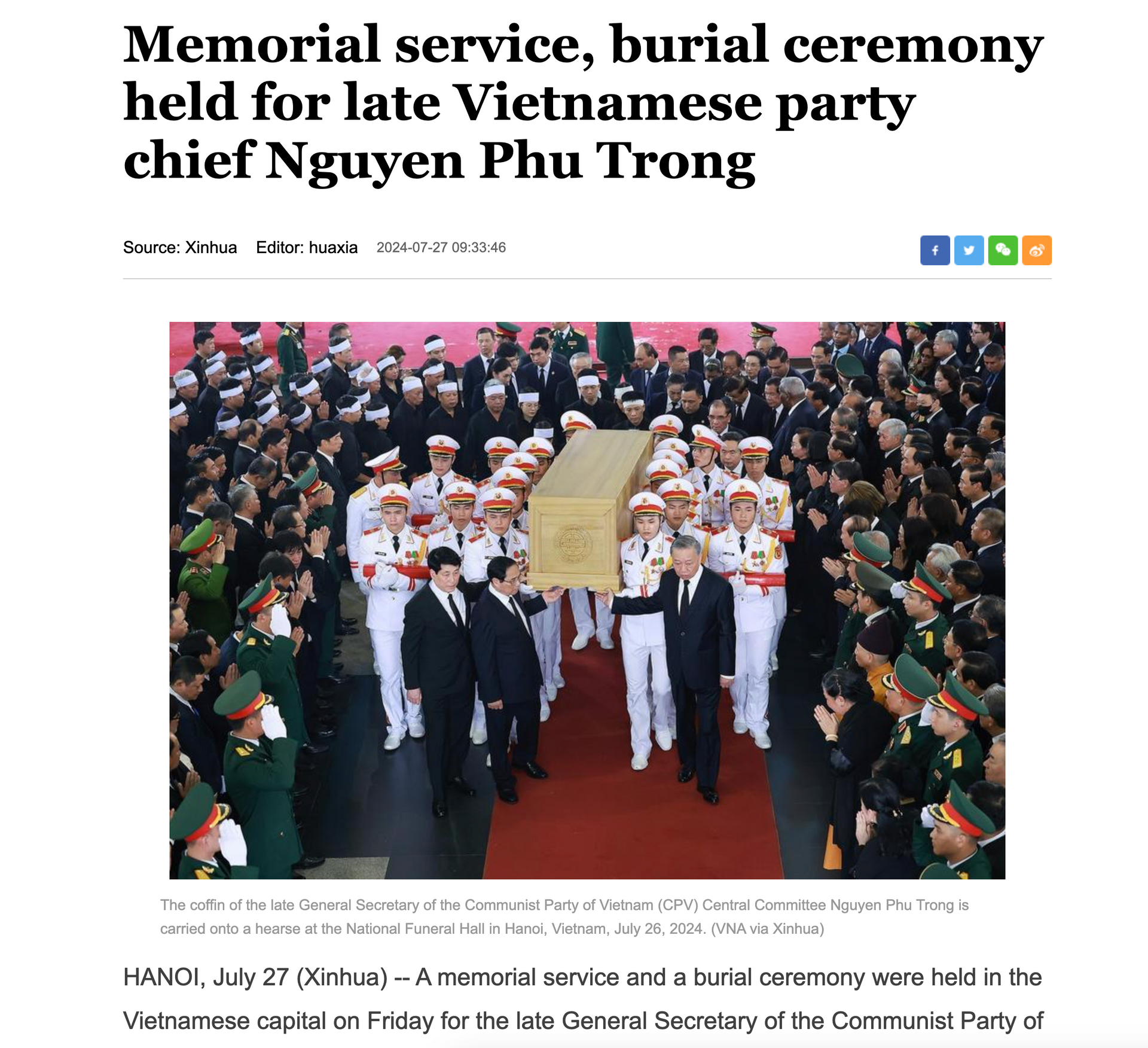 Nội dung của Tân Hoa xã ngày 27-7 về lễ Quốc tang Tổng Bí thư Nguyễn Phú Trọng. (Ảnh chụp màn hình)