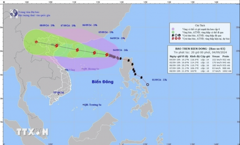 Bản đồ đường đi của Bão số 3. (Ảnh: TTXVN).