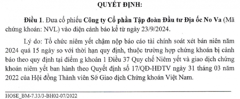 Cổ phiếu NVL vào diện cảnh báo, thị giá về sát đáy lịch sử