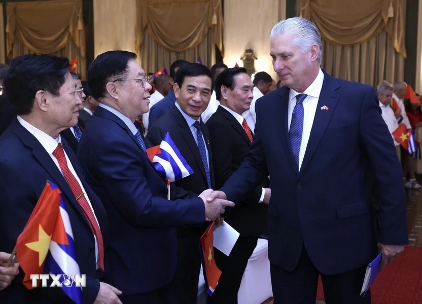 Bí thư thứ nhất Đảng Cộng sản Cuba, Chủ tịch Cuba Miguel Diaz Canel Bermudez đến dự buổi gặp gỡ. (Ảnh: TTXVN)