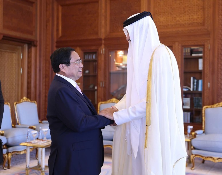 Thủ tướng Chính phủ Phạm Minh Chính hội kiến Quốc vương Qatar Sheikh Tamim Bin Hamad Al Thani. (Ảnh: Báo Chính phủ)