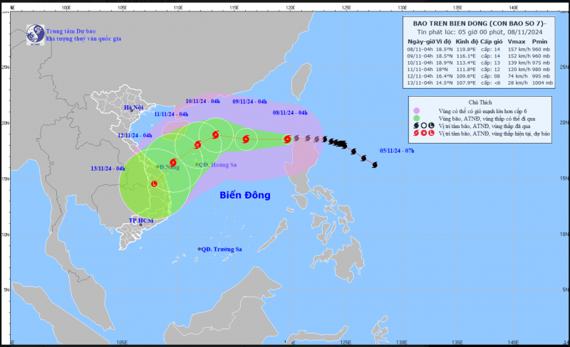 Thời tiết hôm nay (08/11): bão YINXING đã đi vào vùng biển phía Đông của khu vực Bắc Biển Đông