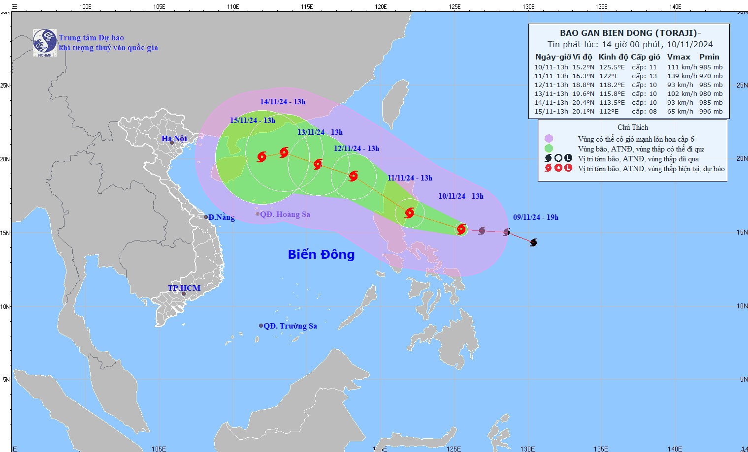 Hướng đi của bão Toraji. (Ảnh: nchmf.gov.vn)