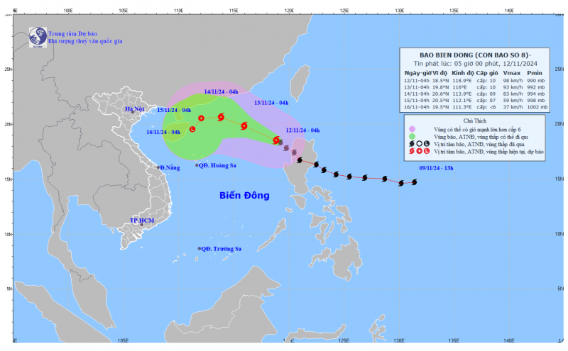 Thời tiết hôm nay (12/11): Bão Toraji dự báo vào Biển Đông thành bão số 8