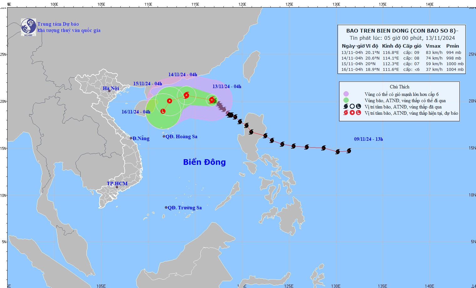 Hướng đi của bão số 8. (Ảnh: nchmf.gov.vn)