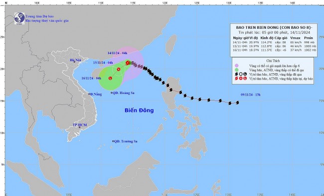 Thời tiết hôm nay (14/11): Bão số 8 đổi hướng hai lần và suy yếu nhanh