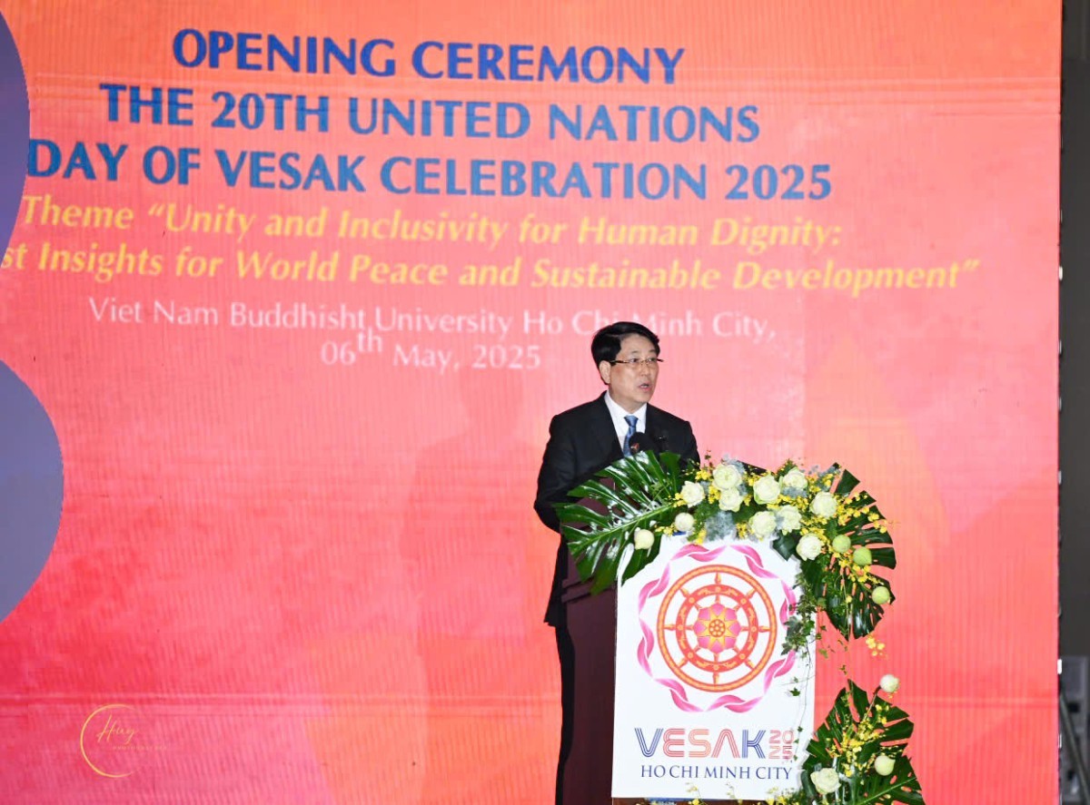 Chủ tịch nước Lương Cường phát biểu tại Lễ khai mạc Đại lễ Vesak Liên hợp quốc 2025. (Ảnh: Phật sự Online)