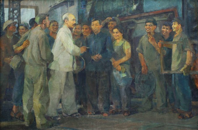 Tranh sơn dầu “Bác Hồ với công nhân nhà máy xe lửa Gia Lâm” của tác giả Phạm Lung, sáng tác năm 1979.
