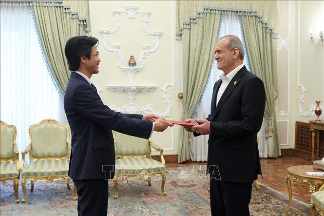 Đại sứ Việt Nam tại Iran Nguyễn Lương Ngọc trình Thư ủy nhiệm lên Tổng thống Iran Masoud Pezeshkian. Ảnh: TTXVN 