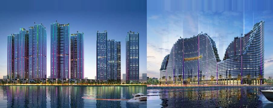 Cả hai dự án Sunshine Sky City (trái) và Noble Crystal Riverside (phải) đang được Sunshine Group triển khai tại khu Nam TP.HCM, sau khi được khơi thông pháp lý với tổng quy mô 21 toà tháp, lên gần 1.150.00 m2 sàn xây dựng cùng hơn 6.500 sản phẩm cao cấp ước tính sẽ mang lại tổng doanh thu hơn 50.000 tỷ đồng cho Tập đoàn, đóng góp lớn vào ngân sách Nhà nước và góp phần tăng trưởng GDP cho TP.HCM nói riêng và cả nước nói chung.