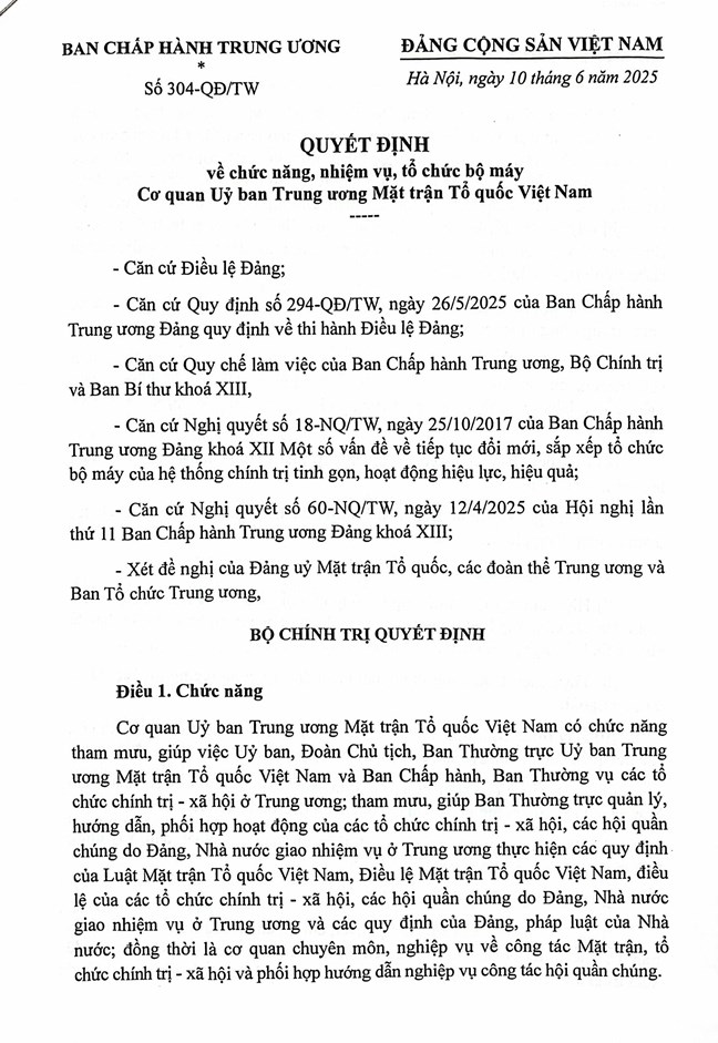 Quyết định số 304-QĐ/TW của Bộ Chính trị, Ban Bí thư về chức năng, nhiệm vụ, tổ chức bộ máy Cơ quan Ủy ban Trung ương Mặt trận Tổ quốc Việt Nam