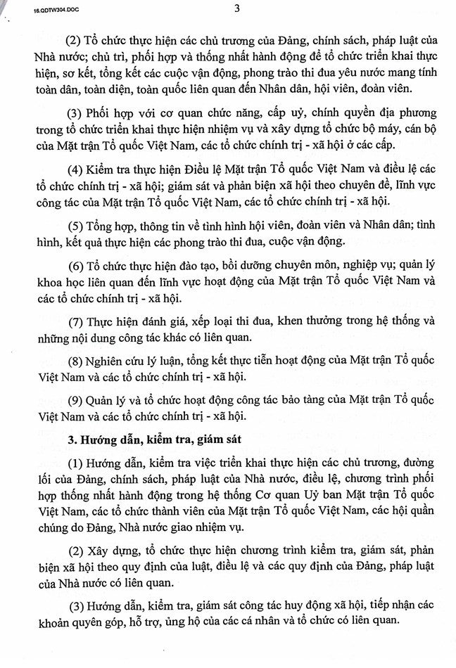 Quyết định số 304-QĐ/TW của Bộ Chính trị, Ban Bí thư về chức năng, nhiệm vụ, tổ chức bộ máy Cơ quan Ủy ban Trung ương Mặt trận Tổ quốc Việt Nam
