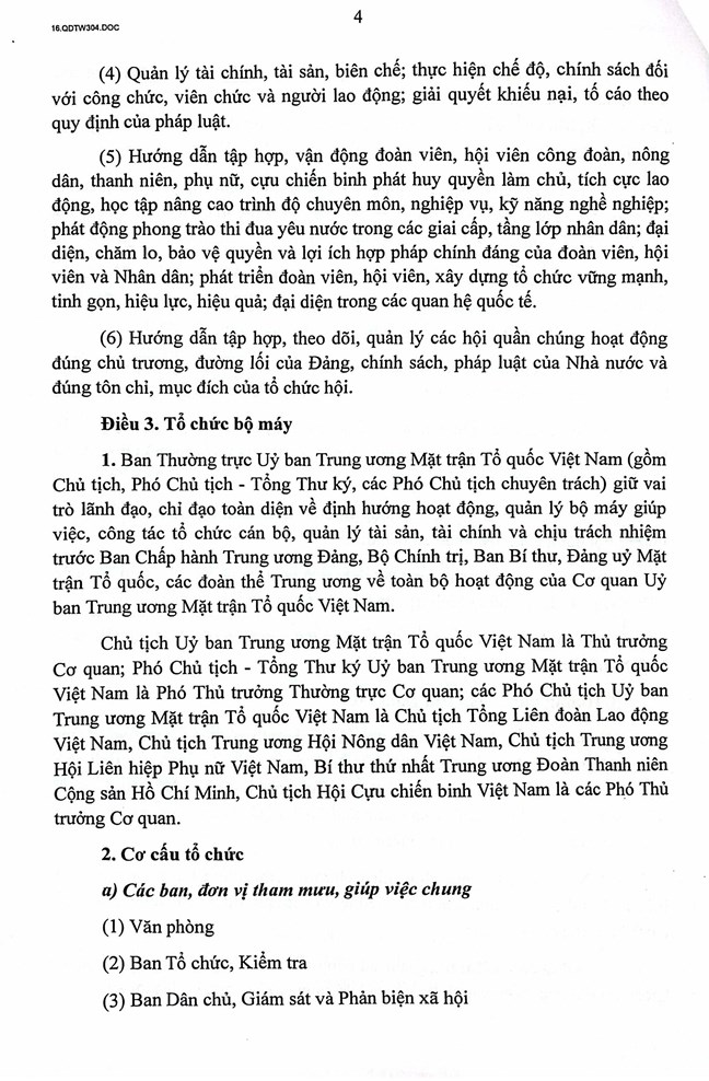 Quyết định số 304-QĐ/TW của Bộ Chính trị, Ban Bí thư về chức năng, nhiệm vụ, tổ chức bộ máy Cơ quan Ủy ban Trung ương Mặt trận Tổ quốc Việt Nam